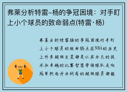 弗莱分析特雷-杨的争冠困境：对手盯上小个球员的致命弱点(特雷·杨)