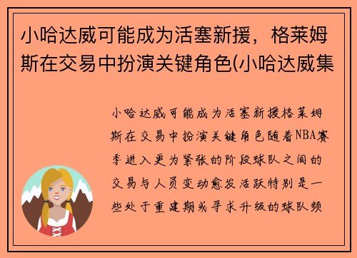 小哈达威可能成为活塞新援，格莱姆斯在交易中扮演关键角色(小哈达威集锦)