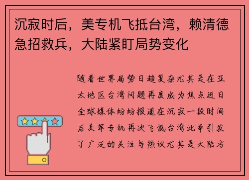 沉寂时后，美专机飞抵台湾，赖清德急招救兵，大陆紧盯局势变化