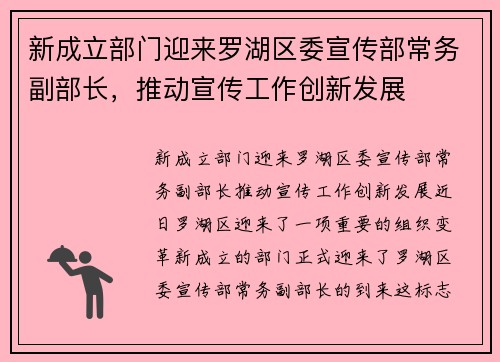 新成立部门迎来罗湖区委宣传部常务副部长，推动宣传工作创新发展